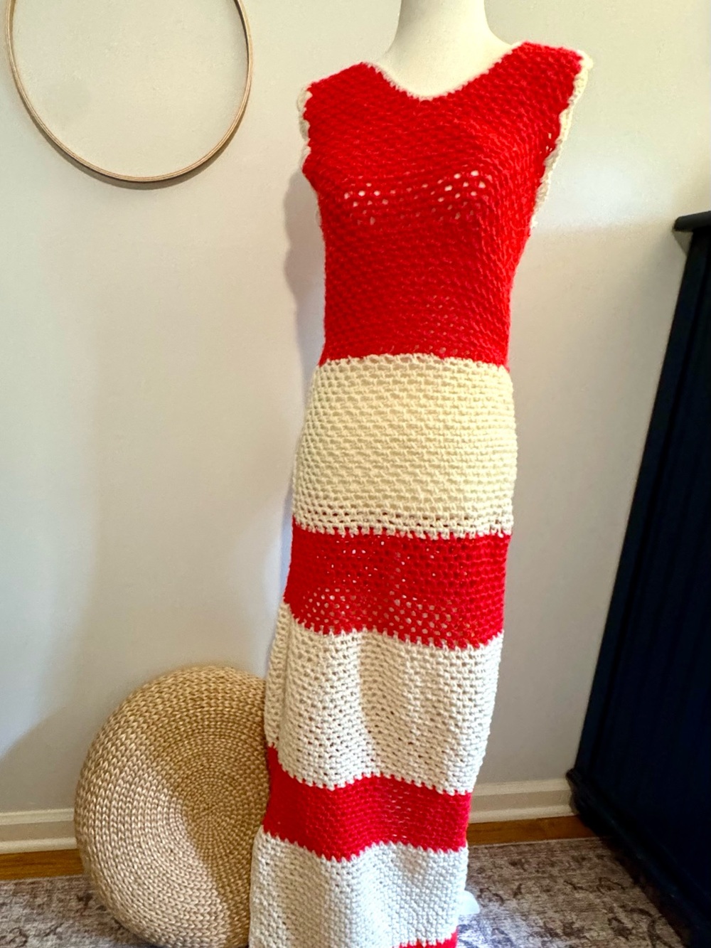 Vintage Hand Crochet Sleeveless Red and Cream Striped Crochet Maxi Dress